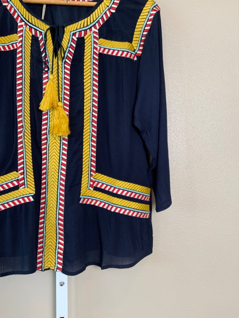 THML Embroidered Tassel Tie 3/4 Sleeve Top - Picture 9 of 16